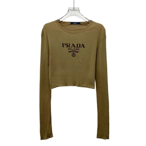 Prada Milano Womens Brown Ribbed Knit Silk Blend Cropped Long-Sleeve Sweater Siz - Picture 1 of 8